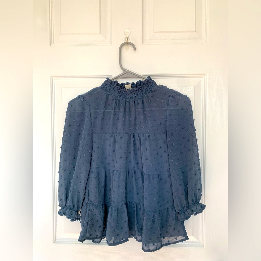 Manteau Blue Long Sleeve Blouse Polka Dots Mock Neck Size XS